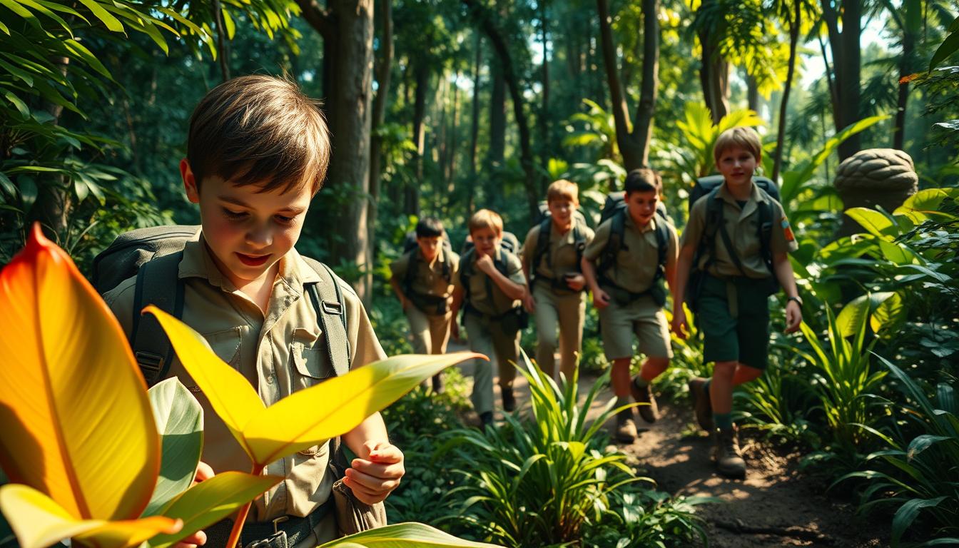 A group of adventurous jungle scouts exploring a lush, verdant rainforest. Sunlight filters through the canopy, casting warm, dappled shadows on the forest floor. The scouts, clad in khaki uniforms and sturdy boots, navigate the winding trails, their backpacks and equipment ready for any challenge. In the foreground, a young scout examines a vibrant, tropical plant, their face lit with curiosity. In the middle ground, the rest of the team moves forward, their expressions focused yet excited. In the background, towering trees and dense foliage create a sense of depth and the immersive, wilderness atmosphere. The lighting is natural and dynamic, creating a sense of adventure and exploration. jungle scout group buy