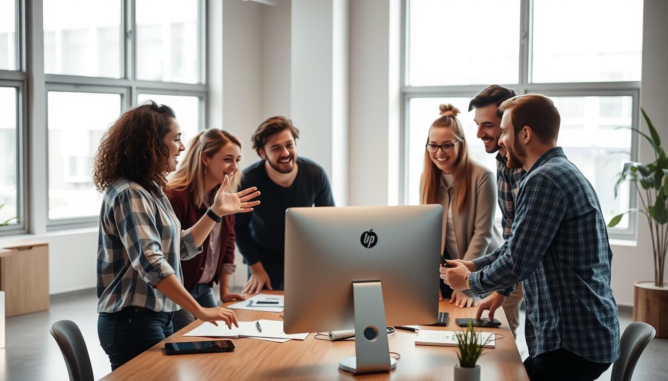 A group of creative professionals gathered around a table, discussing design ideas and collaborative projects. In the foreground, a person gestures animatedly, while others lean in, their faces alight with enthusiasm. The middle ground features a sleek, modern computer setup, suggesting the use of digital tools like PicMonkey. In the background, a minimalist office space with large windows, allowing natural light to flood the scene. The overall mood is one of productive creativity, with a sense of camaraderie and shared purpose among the group.
