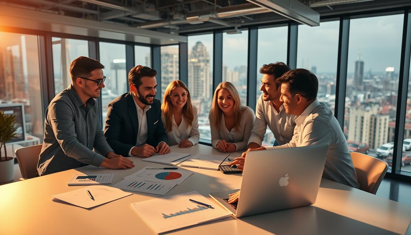 A group of digital marketing professionals gathered around a table, discussing the benefits of their shared subscription to a suite of powerful SEO tools. The scene is bathed in warm, golden light, creating a sense of collaboration and productivity. In the foreground, various tools and reports are displayed on a sleek, minimalist workspace, while the background showcases a modern, open-concept office space with large windows overlooking a bustling city skyline. The overall mood is one of excitement and optimism, reflecting the advantages of pooling resources and leveraging group buying power to access premium software and services.