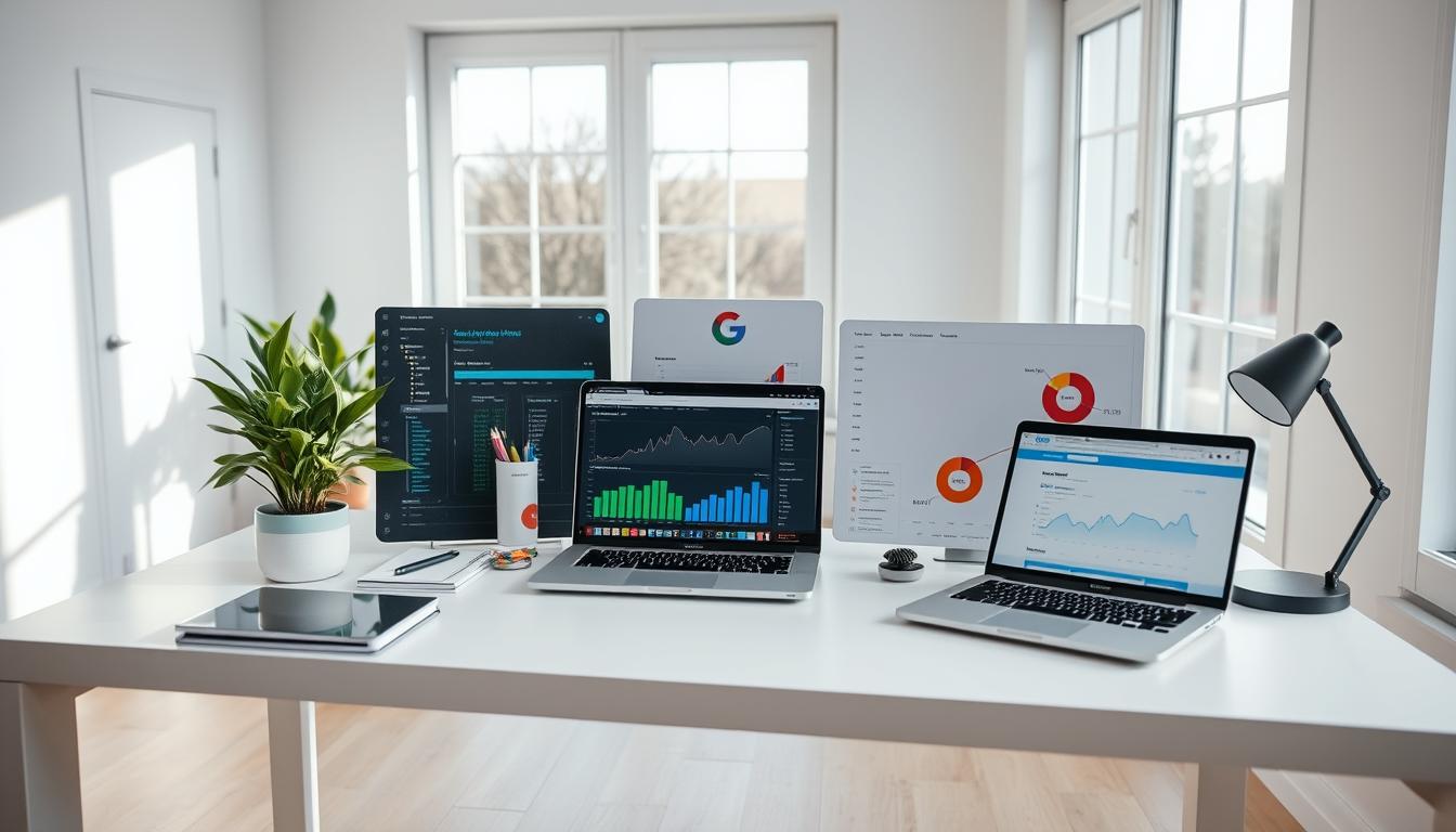 A group of diverse SEO tools arranged on a sleek, minimalist desk in a bright, airy home office. The tools are neatly organized, with a focus on intuitive user interface and powerful analytics. Soft, natural lighting filters in through large windows, creating a calm and productive atmosphere. The desktop surface is clean, save for a laptop displaying performance metrics and a potted plant adding a touch of greenery. The overall scene conveys the efficiency and synergy of a cohesive group buy SEO toolkit.