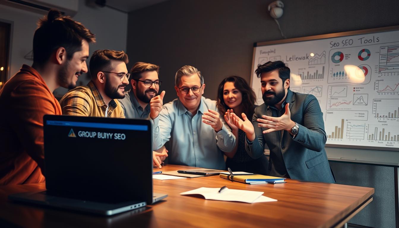 A group of diverse individuals gathered around a table, deep in discussion over the latest group buy SEO tools. The scene is bathed in a warm, inviting light, creating a sense of collaboration and camaraderie. In the foreground, a laptop displays a sleek interface showcasing the features and benefits of the group buy model. The middle ground features individuals gesturing animatedly, their expressions conveying enthusiasm and intellectual engagement. In the background, a whiteboard filled with charts and diagrams provides a visual representation of the SEO strategies being discussed. The overall atmosphere is one of productive, data-driven decision-making, reflecting the cutting-edge nature of the group buy SEO tools in 2025.