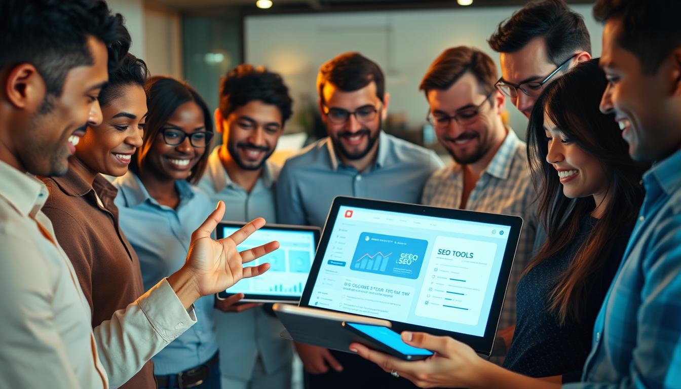 A group of diverse professionals gathered around a digital device, examining a visually appealing and intuitive user interface displaying various SEO tools. The scene is bathed in warm, soft lighting, creating a welcoming atmosphere. In the foreground, a woman gestures excitedly, highlighting the benefits of the group-buy platform. The middle ground features a mix of laptop screens, smartphones, and tablets, showcasing the wide range of SEO tools available. The background suggests a modern, collaborative workspace, with subtle hints of technology and productivity. The overall impression conveys the efficiency, accessibility, and collaborative nature of the group-buy SEO tools.