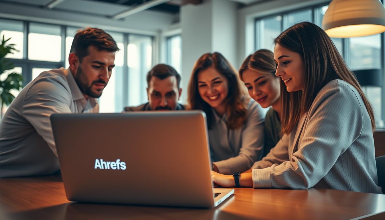 A group of people gathered around a laptop, intently focused on their screens. The scene is bathed in a warm, ambient light, creating a cozy and collaborative atmosphere. The foreground features the laptop, its screen displaying the Ahrefs logo, symbolizing the group's shared interest in SEO tools. In the middle ground, the group members are seated at a table, their expressions thoughtful and engaged. The background showcases a modern, minimalist office setting, with large windows and sleek, modern furniture, conveying a sense of professionalism and efficiency. The overall mood is one of teamwork, problem-solving, and the pursuit of affordable, reliable SEO solutions.