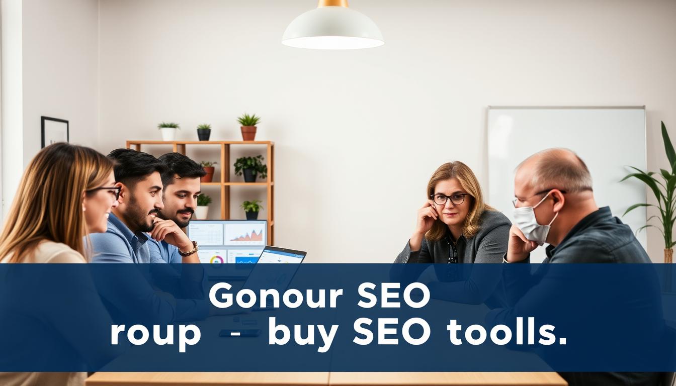 A group of people seated around a table, collaborating on a laptop screen displaying various SEO tools and analytics. The scene is lit by a soft, diffused light from overhead, creating a professional, yet cozy atmosphere. The participants are engaged in discussion, their expressions thoughtful as they navigate the digital landscape together. In the background, a minimalist office setting with shelves, potted plants, and a whiteboard add a sense of productivity and innovation. The overall composition conveys the collaborative nature of group buying SEO tools, a key aspect of the introduction to this service.