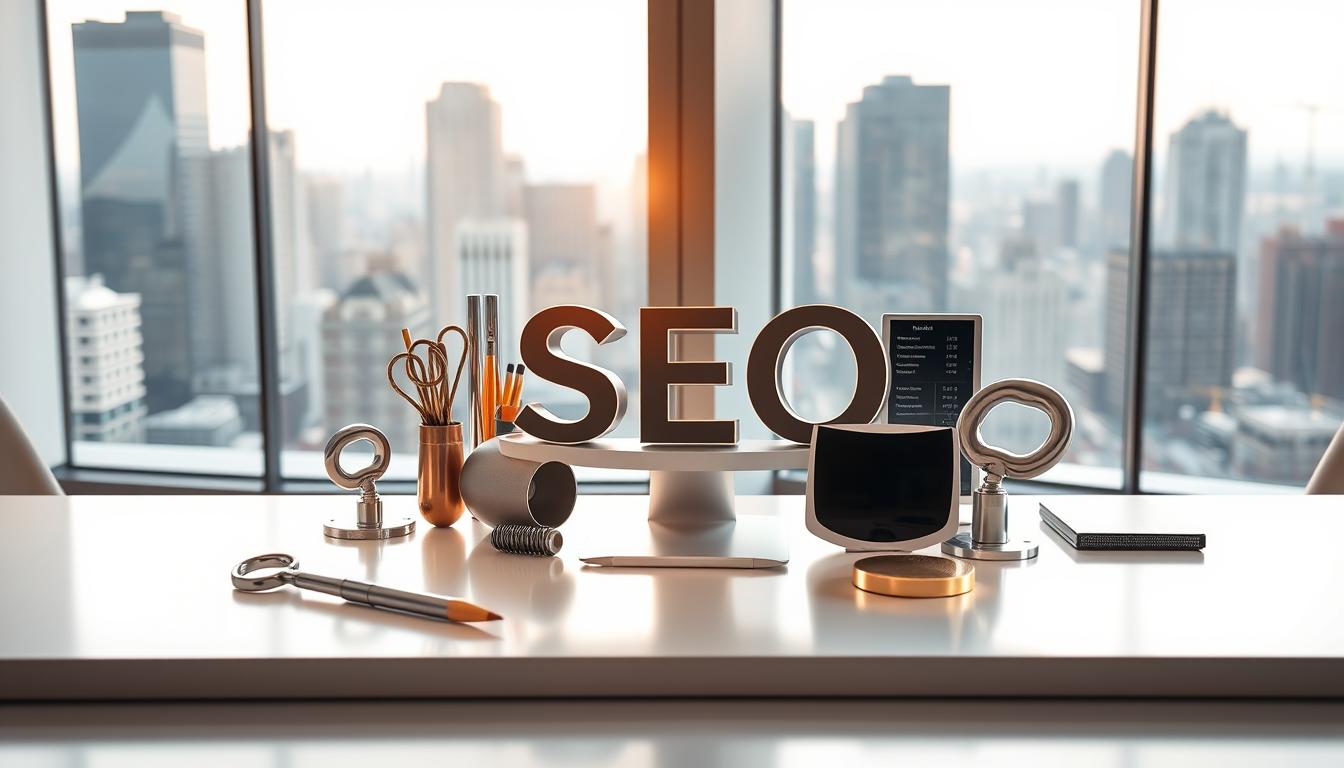 A group of premium SEO tools arranged on a sleek, minimalist desk in a bright, airy workspace. The tools are neatly organized, their metallic surfaces gleaming under warm, directional lighting. In the background, a large window overlooks a bustling city skyline, creating a sense of productivity and growth. The overall mood is one of professionalism, efficiency, and the power of shared, high-quality digital resources to supercharge an agency's SEO strategy.