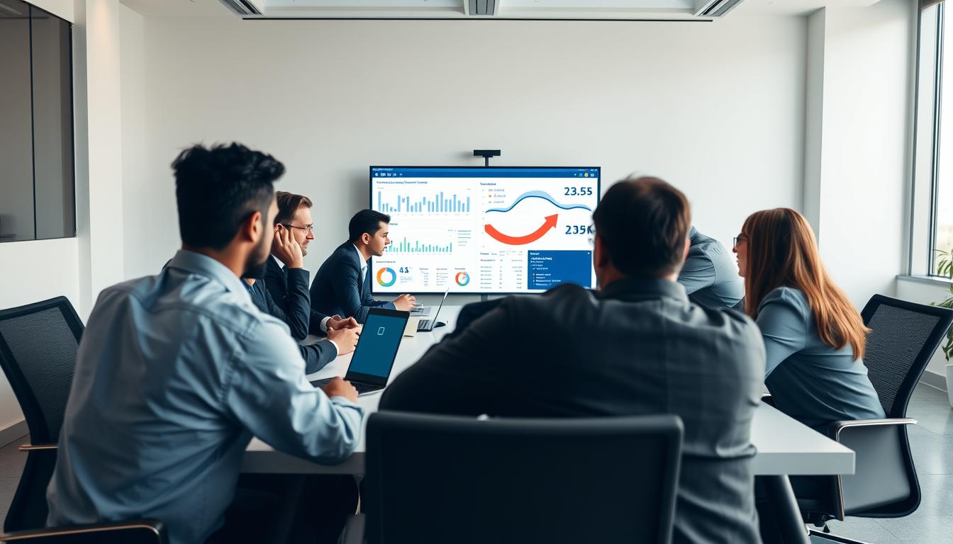 A group of professionals collaborating intently around a large conference table, studying detailed analytics and marketing insights displayed on high-resolution screens. Bright, even lighting illuminates the scene, captured through a wide-angle lens to showcase the modern, minimalist office setting. The team members wear a mix of business attire, all focused on the data-driven decisions that will drive the success of their BuzzSumo group buy campaign. An atmosphere of productive cooperation and strategic planning permeates the image.