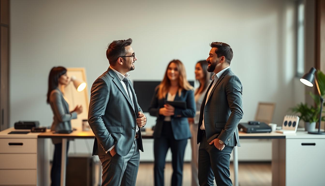 A group of professionals, each representing a different business software solution, standing side by side in a modern office setting. The foreground features two individuals - one in a stylish suit, the other in a casual yet polished outfit - engaged in an animated discussion, conveying the idea of comparing and choosing between the two software options. The middle ground showcases a sleek, minimalist desk setup with various devices and accessories, hinting at the technological nature of the solutions. The background is softly blurred, creating a sense of depth and focus on the central figures. Warm, directional lighting illuminates the scene, casting subtle shadows and highlighting the professionals' expressions and body language as they deliberate on the best software choice.