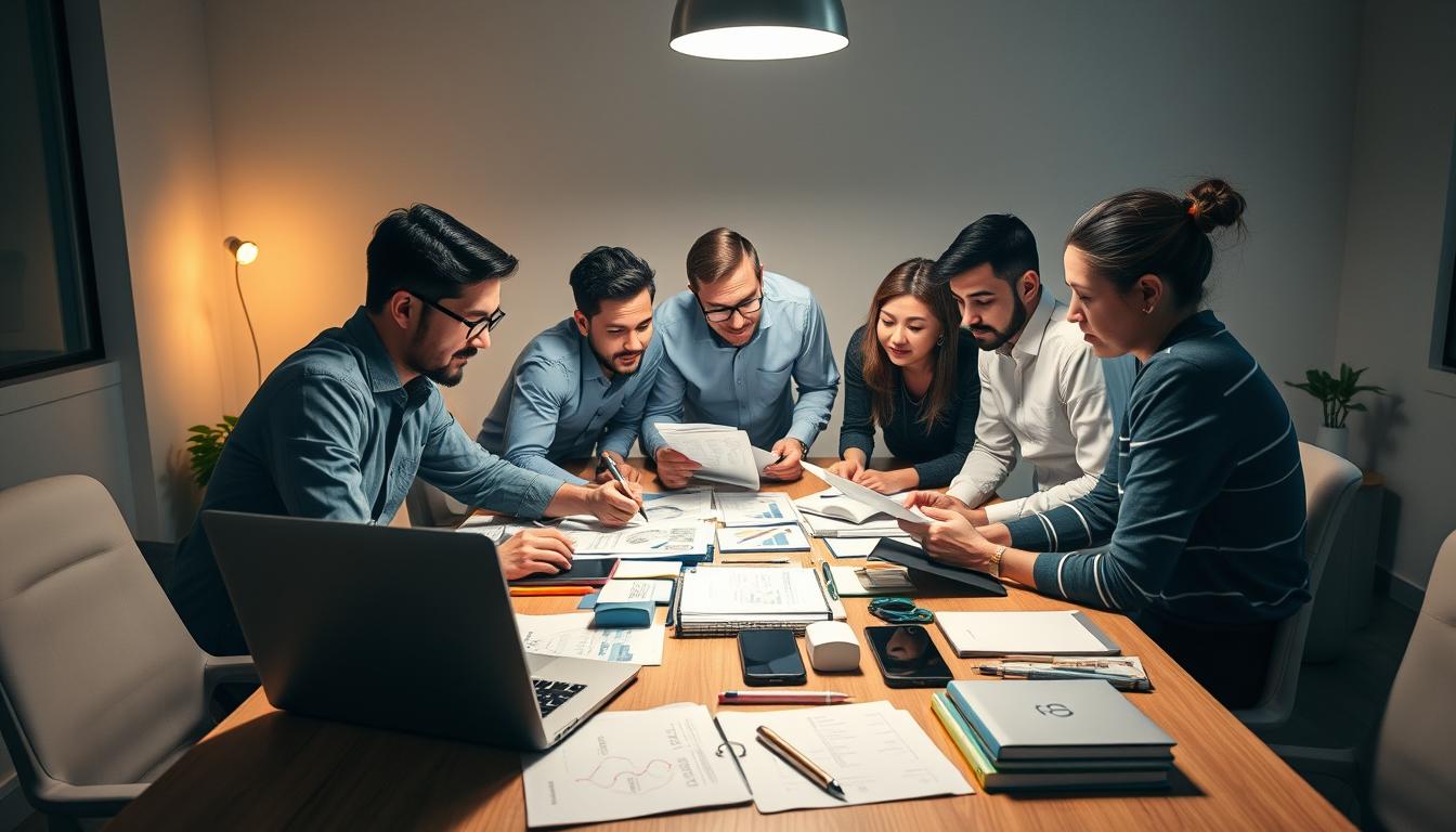 A group of professionals gathered around a table, studying and discussing various SEO tools and strategies. The scene is illuminated by a warm, focused light, casting a cozy, collaborative atmosphere. In the foreground, a laptop displays detailed analytics and reports, while the participants lean in, exchanging ideas and insights. The middle ground features a diverse array of devices, notepads, and reference materials, showcasing the comprehensive nature of their group buy approach. In the background, a minimalist office setting with clean lines and subtle accents creates a professional, yet inviting environment. The overall composition conveys a sense of productive efficiency and shared expertise in the field of SEO group buying.