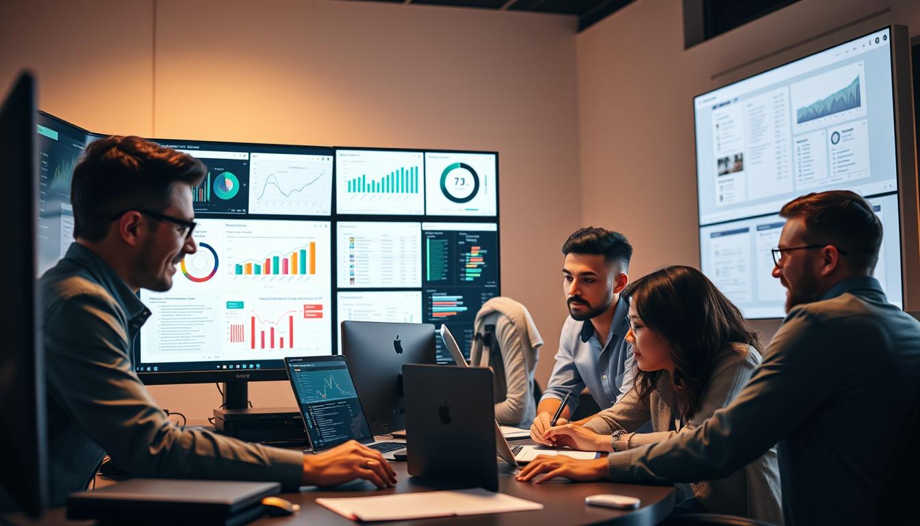 A group of professionals using state-of-the-art SEO tools on a sleek, modern workstation. Soft, warm lighting illuminates the scene, casting a focused, productive atmosphere. In the foreground, a diverse team collaborates, their expressions intent as they analyze data visualizations and strategize on a large, high-resolution monitor. The middle ground features an array of cutting-edge software interfaces, each showcasing the advanced capabilities of the "Toolsurf.com" group buy platform. The background subtly blurs, drawing the eye to the central collaborative effort. The overall composition conveys a sense of efficiency, innovation, and the seamless integration of powerful SEO tools empowering a high-performing marketing team. group buy seo tools