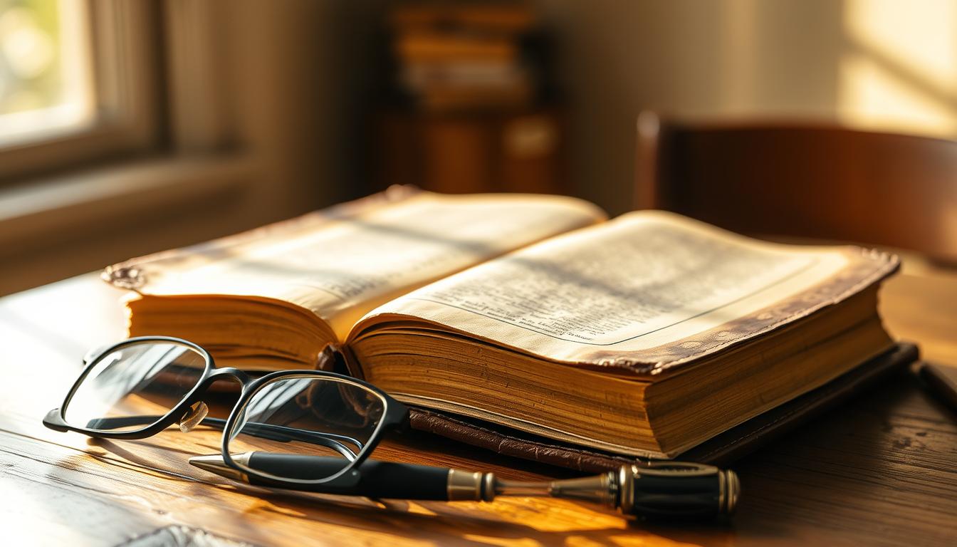 A hardcover book with a worn, faded leather cover resting on a wooden table. The book's pages are yellowed and tattered, suggesting years of use. Sunlight streams in from a nearby window, casting a warm, golden glow on the scene. In the foreground, a pair of reading glasses and a vintage ink pen lie next to the book, hinting at the owner's studious nature. The background is slightly blurred, focusing the viewer's attention on the central subject - the "personal dictionary," a unique and well-worn reference guide that has become a cherished companion.