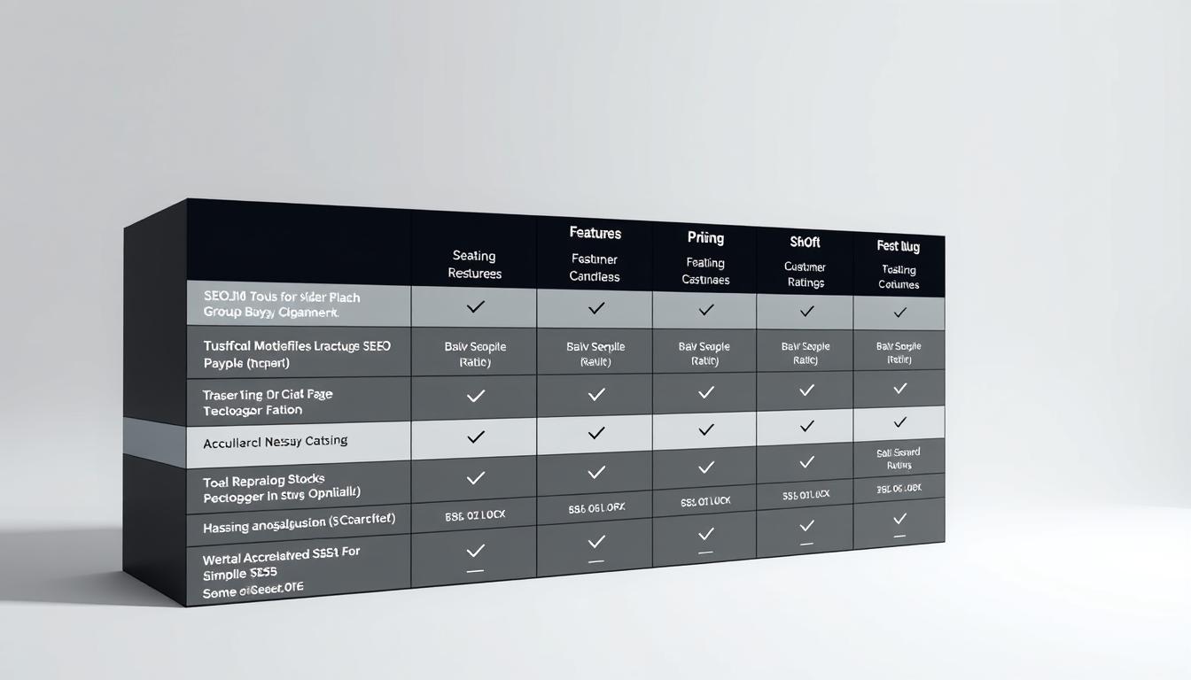 A high-contrast, sharply focused image of a detailed comparison chart displaying the key features, pricing, and customer ratings of various popular SEO toolkits used in group buy campaigns. The chart is set against a minimalist background, with clean lines and a subtle gradient to create depth and visual interest. The tools are arranged in a grid, each with its own icon, and the information is presented in a clear, easy-to-digest format. The overall mood is professional, informative, and designed to help the viewer quickly understand the strengths and weaknesses of the different options.