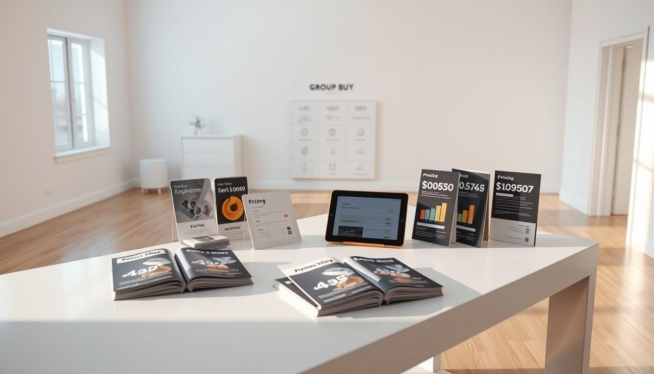 A high-key photographic studio scene showcasing a range of group buy SEO pricing packages. In the foreground, a collection of glossy brochures and product samples are artfully arranged on a minimalist white table, with carefully considered lighting casting dramatic shadows. In the middle ground, a tablet displays relevant pricing data and metrics, while in the background, a clean, airy space with pristine white walls and hardwood floors creates a sense of sophistication and professionalism. The overall mood is one of transparency, expertise, and attention to detail, conveying the value proposition of group buy SEO services.