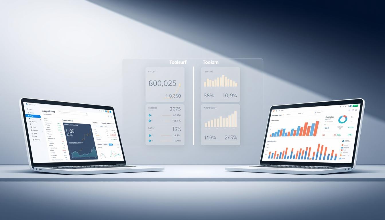 A high-quality digital illustration showcasing a side-by-side comparison of two popular SEO tools, Toolsurf and Toolszm, against a sleek, minimalist background. The foreground features detailed product mockups, highlighting their user interfaces, dashboards, and key features. The middle ground presents comparative charts, graphs, and performance metrics, allowing for a data-driven analysis. The background subtly conveys a sense of professionalism and expertise, with muted tones and clean geometric patterns. Precise lighting and camera angles accentuate the tools' design elements and create a visually striking, informative composition.
