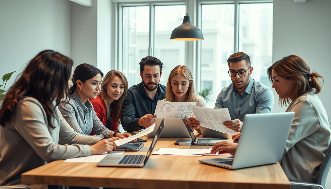 A high-resolution, detailed, photorealistic image of a group of people gathered around a table, laptops open, discussing and collaborating on a "group buy" venture. The scene is set in a modern, well-lit office space with minimalist decor and large windows providing natural light. The participants have a focused, determined expression as they review documents and exchange ideas. The atmosphere conveys a sense of productivity, teamwork, and the excitement of pursuing an innovative, cost-effective group purchasing opportunity. The image should capture the essence of the "group buy" concept in a professional, relatable context.