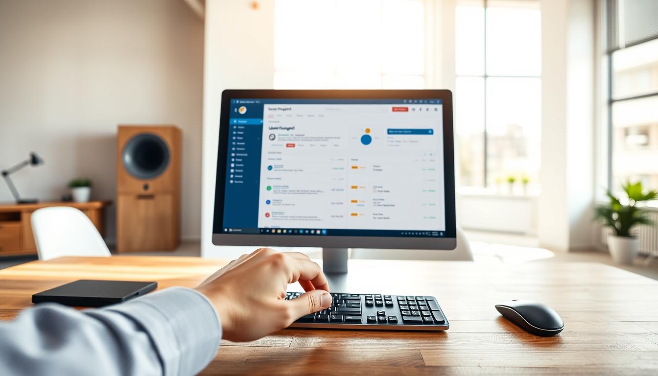 A high-resolution digital image of a modern workspace featuring a desktop computer, keyboard, and mouse on a wooden table. The foreground showcases a user's hands gracefully accessing the device, their fingers gliding across the keyboard. The middle ground highlights the computer screen displaying the Ubersuggest dashboard, showcasing its clean and intuitive interface. The background is a minimalist, well-lit office setting with natural light streaming in through large windows, creating a serene and productive atmosphere. The overall scene conveys a sense of ease, efficiency, and the ability to quickly and seamlessly access valuable marketing insights.