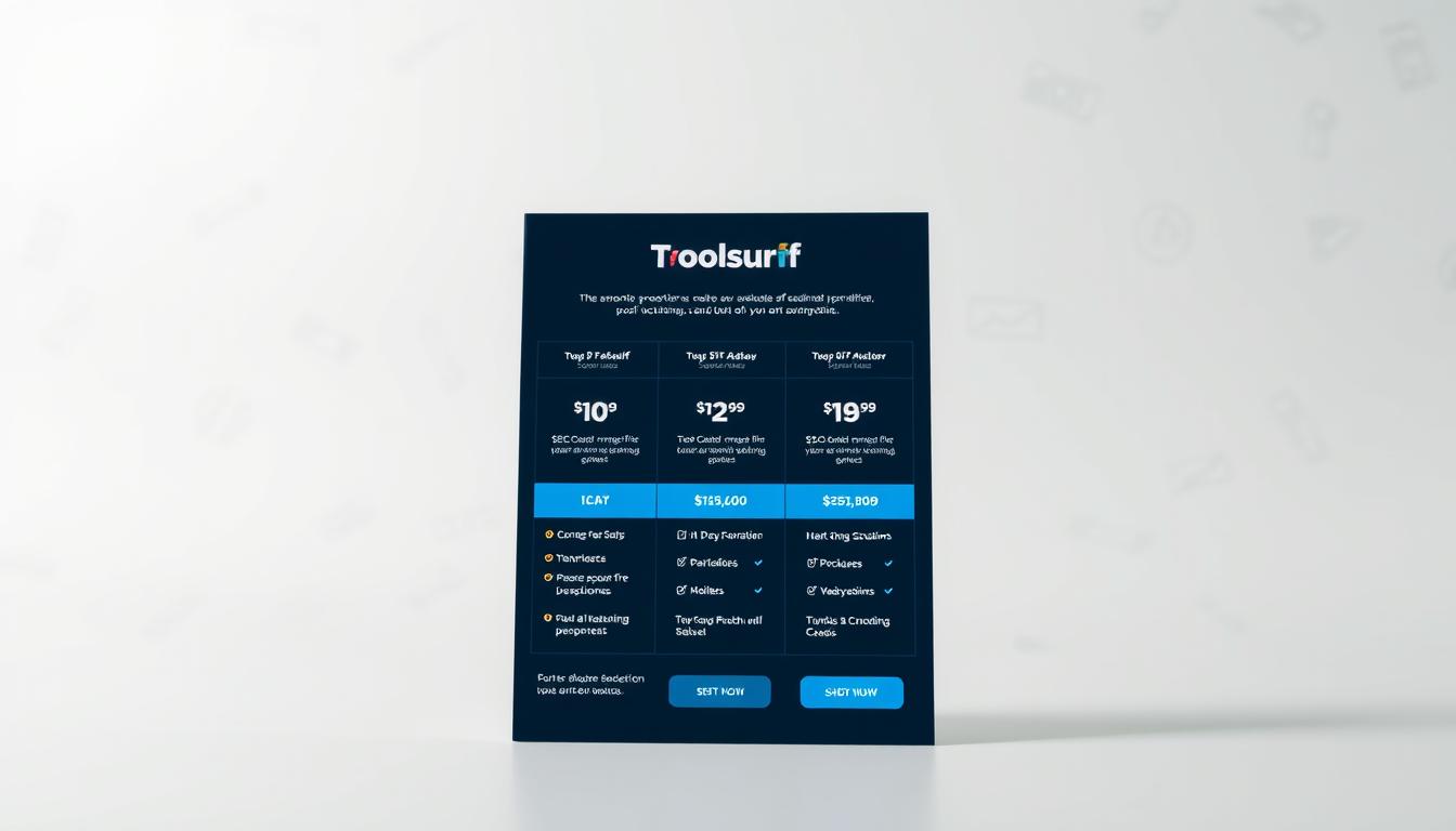 A high-resolution image of Toolsurf's pricing and SEO tools packages, presented on a clean, white background with a modern, minimalist design. The foreground showcases a visually appealing, detailed display of the various subscription tiers, features, and pricing options, with clear icons and typography to highlight the key information. The middle ground features subtle, blurred illustrations or icons related to SEO and digital marketing, creating a sense of context. The background is evenly lit, with a warm, professional tone that complements the branding and subject matter. The overall composition is balanced, visually striking, and effectively communicates the pricing and product offerings of Toolsurf's SEO tools.
