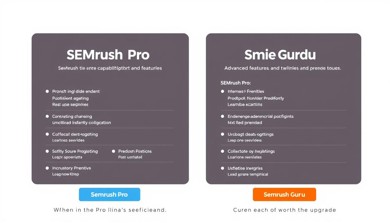 A high-resolution, photorealistic image of two distinct SEMrush plans, SEMrush Pro and SEMrush Guru, side by side on a clean, minimal white background. The SEMrush Pro plan is displayed on the left, with its key features and capabilities highlighted in a clear, organized manner. The SEMrush Guru plan is shown on the right, showcasing its advanced features and functionalities in a visually appealing way. The image should convey a sense of professionalism, clarity, and the distinct differences between the two plans to help the viewer understand when the Pro plan is sufficient and when the Guru plan is worth the upgrade.