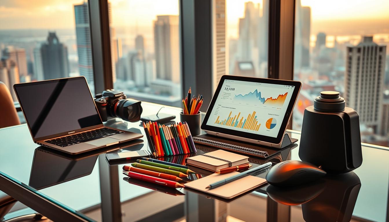 A high-tech office setting with a diverse array of premium marketing tools arranged neatly on a sleek, glass-topped desk. In the foreground, a state-of-the-art laptop, a professional-grade camera, and a stylish tablet display analytics dashboards. In the middle ground, an array of colorful, ergonomic office supplies, including a premium fountain pen, a luxury notebook, and a tactile mouse. The background features floor-to-ceiling windows overlooking a bustling city skyline, bathed in warm, natural lighting. The overall mood is one of efficiency, sophistication, and a commitment to digital marketing excellence.