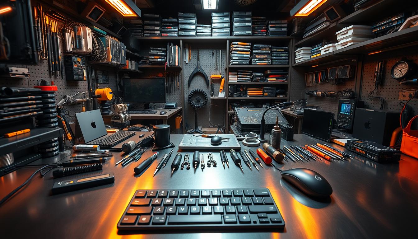 A high-tech, well-organized workspace with an abundance of premium tools and equipment. Sleek, metallic surfaces gleam under warm, directional lighting. Precision instruments, screwdrivers, and gadgets are neatly arranged, suggesting meticulous attention to detail. A sense of professionalism and efficiency pervades the scene. In the foreground, a high-quality keyboard and mouse setup indicate seamless digital access to essential software and applications. The middle ground showcases a variety of specialized tools, each expertly placed for maximum productivity. In the background, shelves display a comprehensive collection of resources, signifying comprehensive access to the tools required for advanced tasks. The overall atmosphere conveys a premium, almost luxurious, experience of professional-grade tool accessibility.