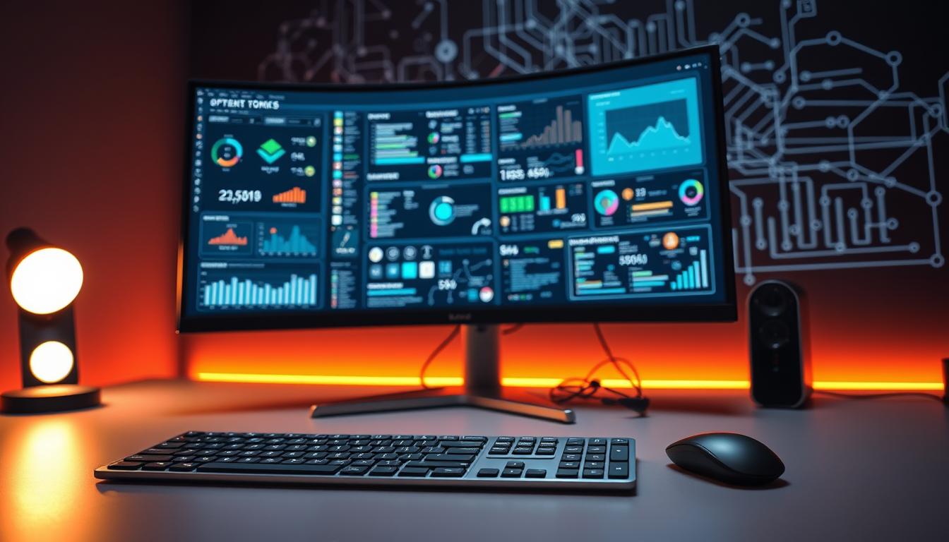 A high-tech workstation with a large, curved monitor displaying an array of advanced software tools. In the foreground, a sleek, minimalist keyboard and mouse setup. Subtle ambient lighting casts a warm glow, creating a focused and productive atmosphere. The middle ground features various digital icons and graphical interfaces, hinting at the powerful analytics and optimization capabilities available. In the background, a complex network of lines, graphs, and data visualizations, reflecting the comprehensive nature of the premium tools. The overall scene conveys a sense of control, efficiency, and the ability to unlock the full potential of online platforms.