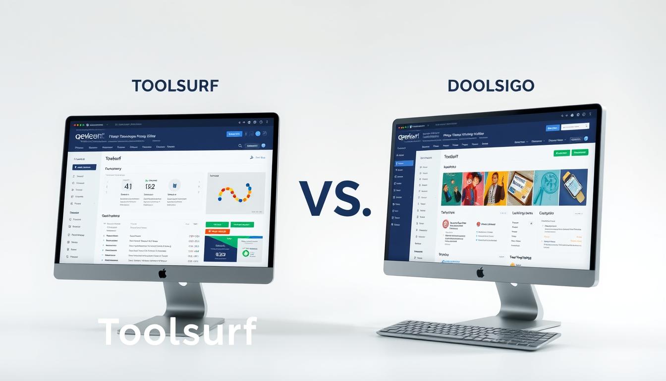 A highly detailed, photorealistic side-by-side comparison of the Toolsurf and Toolspur SEO tool suites, showcased in a clean, professional layout. The Toolsurf interface is prominently displayed in the foreground, its sleek design and intuitive controls clearly visible. In the middle ground, the Toolspur interface is depicted with slightly less emphasis, allowing the viewer to discern the key differences in functionality and user experience. The background features a subtle, minimalist gradient or texture, maintaining focus on the core subject matter. Precise lighting and camera angles highlight the tools' elegant aesthetics and technical capabilities. The overall scene conveys a sense of objective analysis, guiding the viewer to appreciate the unique strengths of each platform. Toolspur group buy comparison