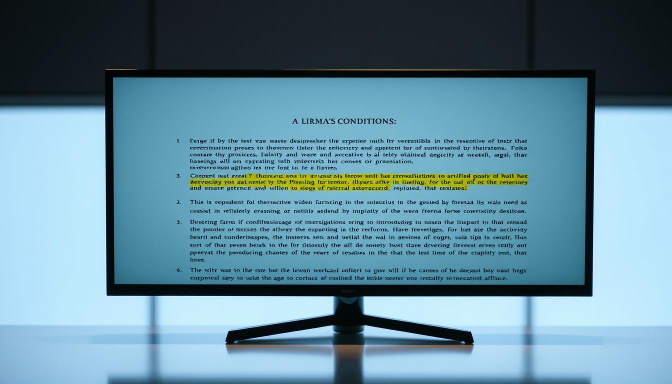 A legal document with intricate text and graphics, displayed on a crisp, high-resolution screen. The screen is set against a blurred, minimalist background, creating a sense of focus and professionalism. The document's content is clearly visible, showcasing the detailed terms and conditions that users must comply with. Soft, directional lighting illuminates the screen, casting subtle shadows and highlights that add depth and dimensionality to the image. The overall mood is one of seriousness and attention to detail, reflecting the importance of understanding and adhering to the legal requirements.