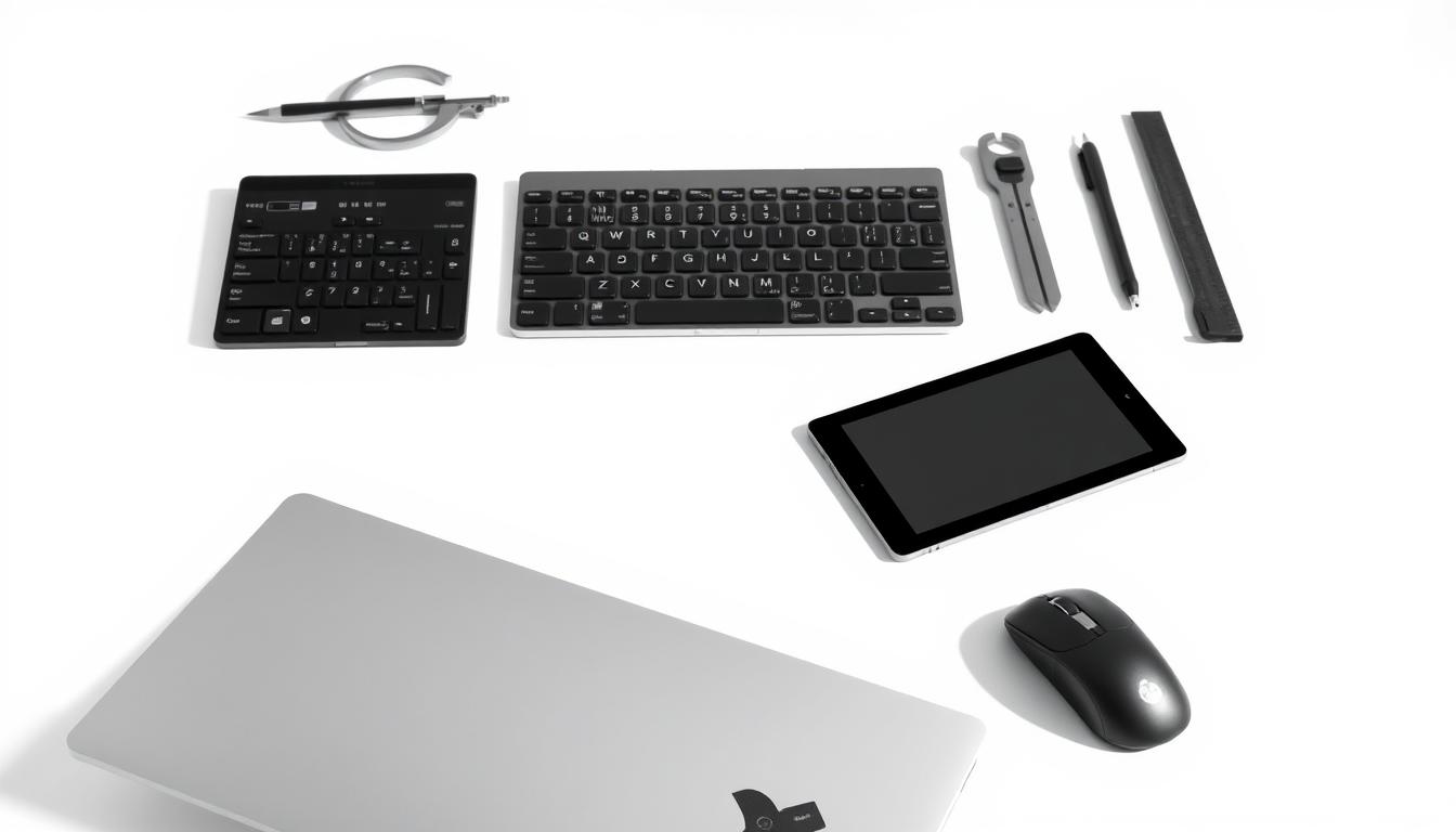 A minimalist, high-contrast composition showcasing a collection of essential design and development tools. In the foreground, a sleek laptop, a stylish mouse, and a tablet with a stylus lie neatly arranged, conveying a sense of professional efficiency. The middle ground features a keyboard, a pair of precision calipers, and a protractor, alluding to the technical aspects of the work. The background is a clean, white surface, allowing the tools to take center stage and emphasize their functionality and accessibility. Soft, directional lighting casts subtle shadows, adding depth and a sense of three-dimensionality to the scene. The overall mood is one of focus, organization, and the seamless integration of technology into the creative process. Features tools access