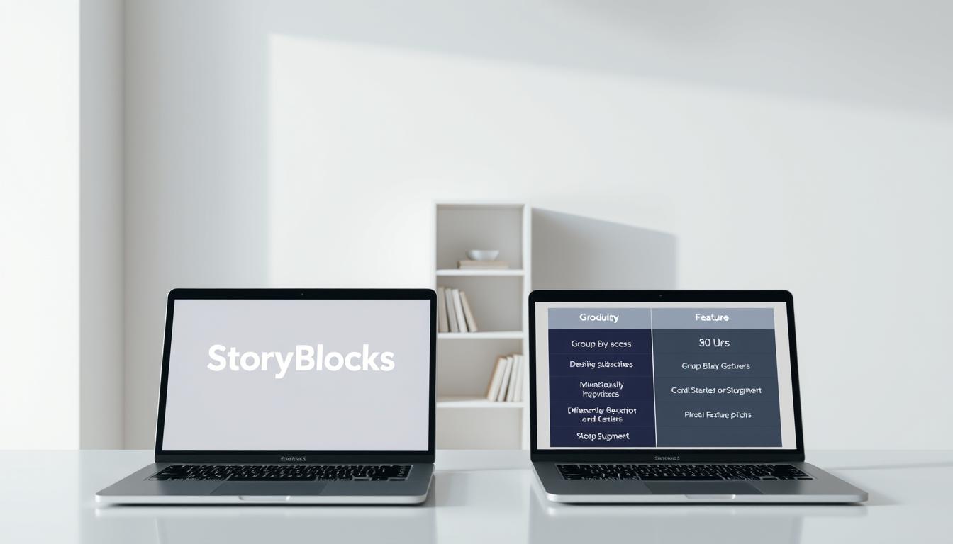 A minimalist office scene with a pair of laptops side-by-side, one displaying the StoryBlocks logo and the other showcasing various plan options. Crisp, clean lighting illuminates the workspace, creating a professional, streamlined atmosphere. In the background, a simple, elegant bookshelf stands as a subtle complement to the digital elements. The overall composition emphasizes the comparison between group buy access and individual subscriptions, inviting the viewer to explore the different pricing and feature tiers.