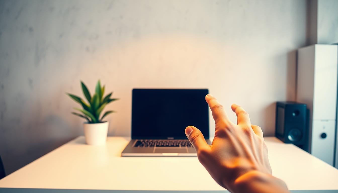 A minimalist office setup with a laptop, a sleek monitor, and a potted plant on a clean, white desk. Soft, diffused lighting from above illuminates the scene, creating a warm and focused atmosphere. In the foreground, a hand gestures towards the laptop screen, highlighting the process of content optimization using AI-powered writing tools. The background is a blurred, textured wall, adding depth and a sense of professionalism to the image. The overall composition conveys a sense of efficiency, productivity, and the power of technology-assisted content creation.