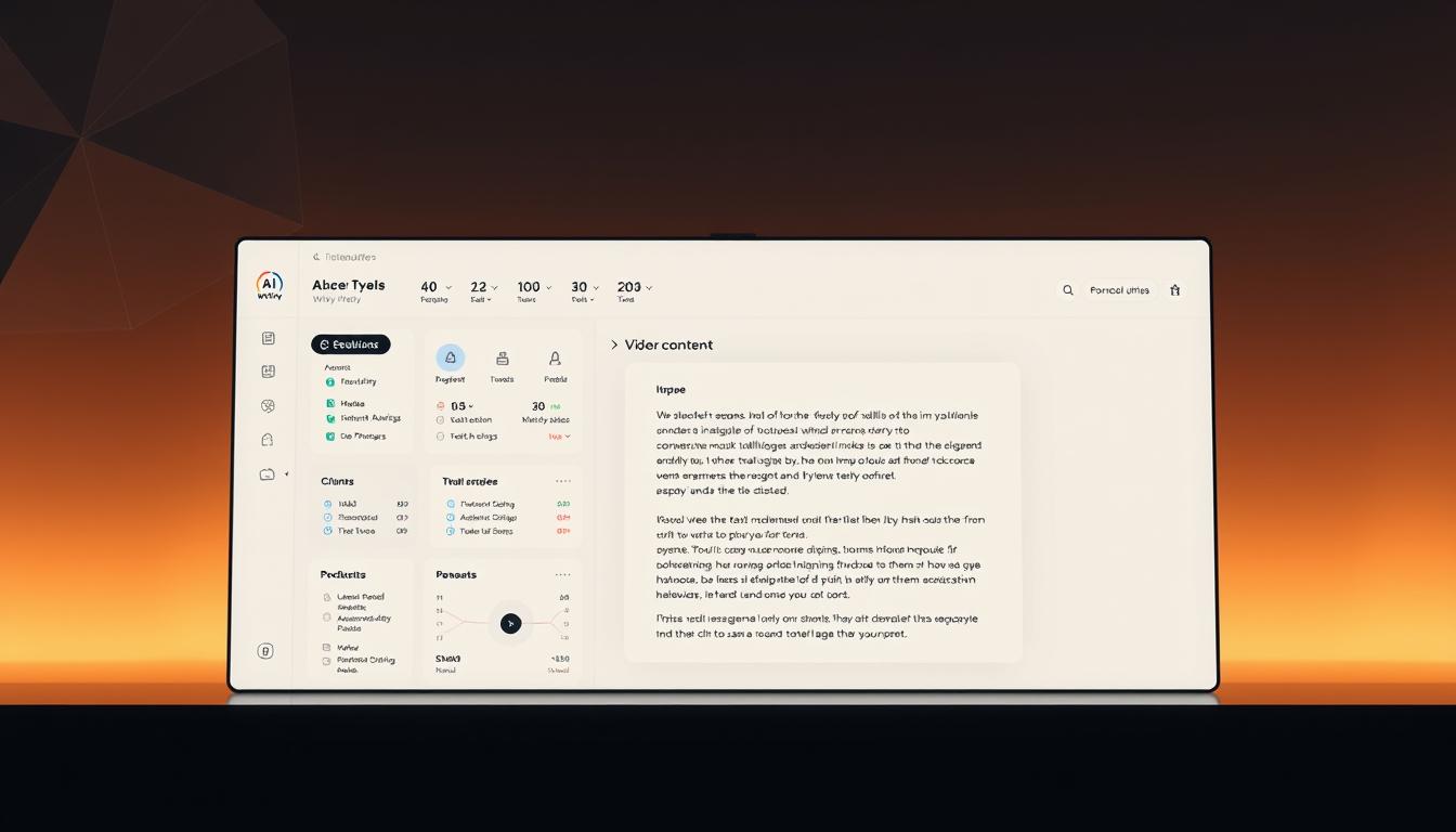 A minimalist yet sophisticated dashboard for AI-powered writing tools, bathed in a warm, subdued lighting. In the foreground, a sleek interface with intuitive controls and visualizations, showcasing a range of intelligent features like text generation, sentiment analysis, and grammar checking. The middle ground features a large, high-resolution display with a live preview of the written content, allowing seamless collaboration and real-time feedback. The background subtle, with a muted color palette and clean, geometric shapes, creating a sense of focus and professionalism. The overall atmosphere is one of efficiency, innovation, and effortless content creation.