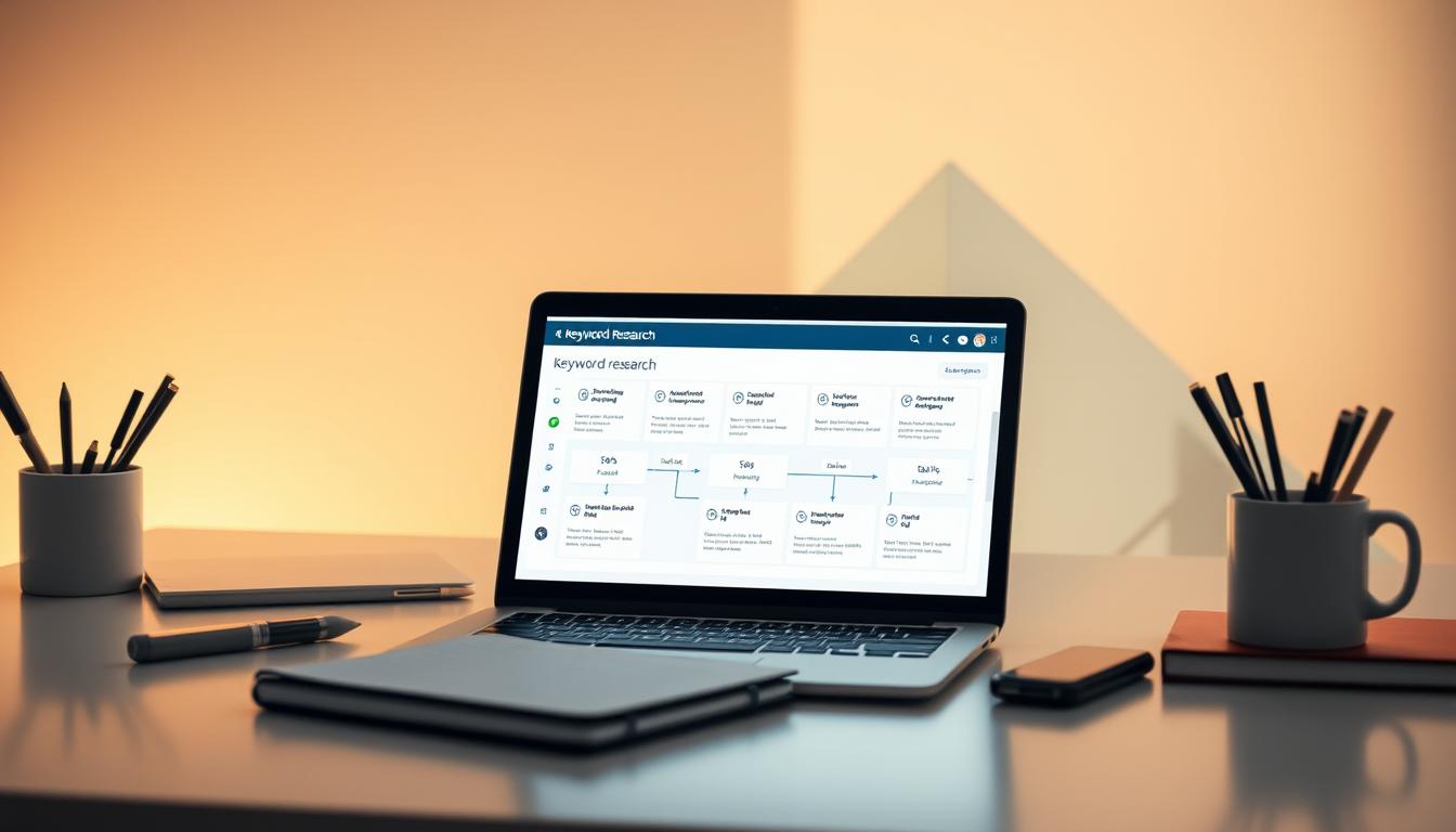 A minimalistic, clean-lined workspace with a laptop, notepad, and various productivity tools arranged neatly. Soft, warm lighting illuminates the scene, creating a focused and effortless atmosphere. In the foreground, a compact digital display showcases a visual representation of keyword research workflows, highlighting the key steps and interconnections. The background features abstract geometric shapes and patterns, subtly suggesting the analytical and strategic nature of the task at hand. The overall composition conveys a sense of efficiency, organization, and a methodical approach to the keyword research process.