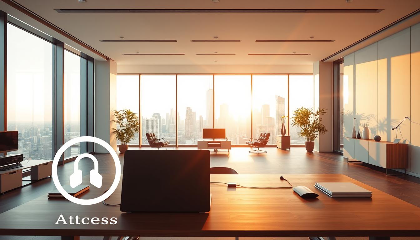 A modern and inviting workspace with a large desk showcasing a sleek laptop and various digital devices. The room is bathed in warm, natural lighting filtering through panoramic windows, creating a pleasant, productive atmosphere. In the foreground, a stylized icon representing "access features" is prominently displayed, subtly hinting at the powerful tools and capabilities available. The mid-ground features minimalist yet functional office furniture, while the background depicts a cityscape skyline, conveying a sense of urban professionalism. The overall composition strikes a balance between simplicity, technology, and a welcoming ambiance.