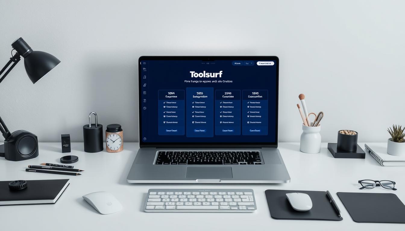A modern and minimalist desktop workspace showcasing an array of digital tools and services. In the center, a laptop displays the "Toolsurf pricing" interface, featuring various subscription plans and payment options. Surrounding the laptop, an assortment of office supplies, such as a mouse, keyboard, and stylish stationery, create a professional and well-organized environment. The lighting is soft and diffused, creating a calming and productive atmosphere. The background is a clean, white wall, allowing the focus to remain on the digital tools and pricing information. The overall composition conveys a sense of efficiency, accessibility, and budget-friendly options for teams and solo creators.
