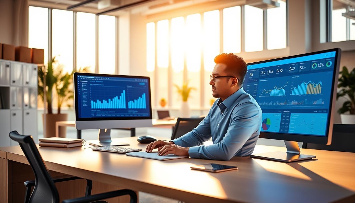 A modern, clean-lined office interior with a large desk, sleek computer setup, and ample workspace. Warm, natural lighting filters through floor-to-ceiling windows, casting a welcoming glow. On the desk, a high-end SEO analytics dashboard displays insightful data and graphs, showcasing the benefits of bulk SEO tool access. The user, dressed in professional attire, is engrossed in analyzing the performance metrics, their face illuminated by the screen's soft blue light. The overall atmosphere conveys efficiency, productivity, and the power of data-driven decision-making.