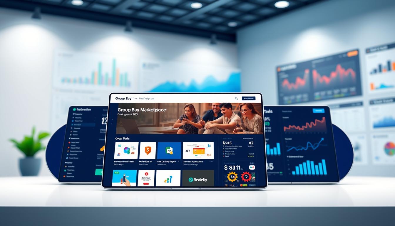 A modern, cloud-based platform showcasing a vibrant group buy marketplace for SEO tools. In the foreground, a sleek, responsive web interface displays an array of discounted software packages, curated by industry experts. The middle ground features colorful icons and intuitive UI elements, guiding users through the seamless purchasing experience. In the background, a dynamic data visualization dashboard tracks real-time trends and user analytics, providing valuable insights to optimize the group buy program. Crisp lighting, a subtle depth of field, and a minimalist, professional aesthetic convey the platform's efficiency and trustworthiness. group buy seo tools platform