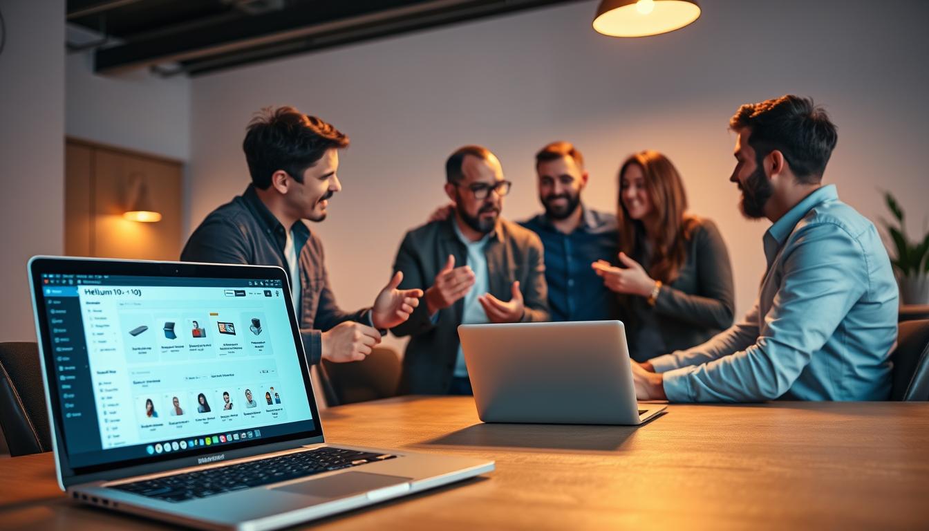 A modern e-commerce workspace with a group of professional Amazon sellers gathered around a laptop, discussing the latest Helium10 group buy. The scene is bathed in a warm, ambient lighting, creating a focused and collaborative atmosphere. In the foreground, a laptop displays Helium10's interface, showcasing its suite of tools and analytics. In the middle ground, the sellers are engaged in an animated discussion, hands gesturing as they share insights and strategies. The background features minimal distractions, allowing the viewer to concentrate on the group's activities. The overall composition conveys the efficiency and camaraderie of a Helium10 group buy for budget-conscious Amazon sellers. helium group buy