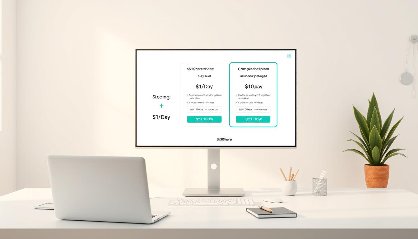 A modern, minimalist, and visually striking image showcasing affordable pricing options for SkillShare, a leading online learning platform. The scene depicts a clean, airy workspace with a large monitor displaying various SkillShare subscription plans, ranging from a $1/day trial to comprehensive all-in-one packages. The foreground features a sleek laptop and office supplies, while the middle ground showcases the monitor and pricing information. The background is a soft, gradient-based color scheme, creating a sense of simplicity and focus on the key details. The overall mood is professional, inviting, and designed to convey the accessibility and value of SkillShare's pricing structure. Prompt A clean, minimalist workspace with a large monitor displaying SkillShare's affordable pricing options, ranging from a $1/day trial to comprehensive all-in-one packages, set against a soft, gradient-based color scheme, conveying a professional and inviting atmosphere.