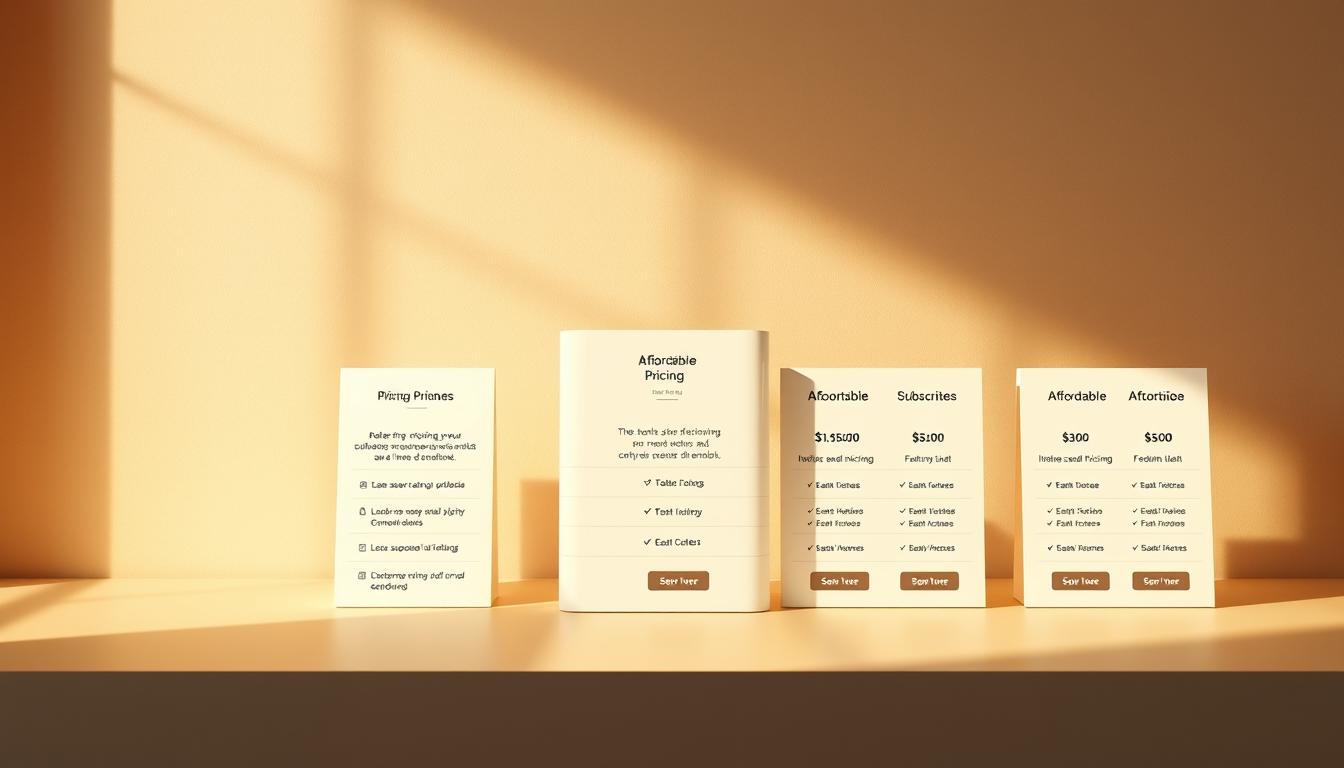 A modern, minimalist composition showcasing a range of affordable pricing plans. In the foreground, a clean, well-designed table displays various subscription tiers with clear, concise details on features and costs. The middle ground features elegant icons and infographic elements that visually communicate the key benefits. The background has a subtle gradient or textured pattern, creating a sophisticated, professional atmosphere. Warm, directional lighting casts soft shadows, emphasizing the clarity and simplicity of the design. The overall scene conveys a sense of value, accessibility, and a commitment to transparent, customer-centric pricing.