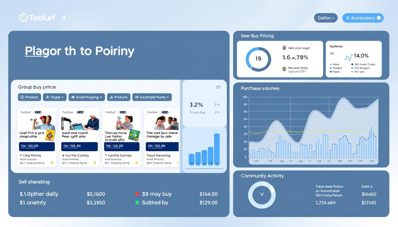 A modern, minimalist dashboard interface displaying real-time group buy pricing and engagement metrics. The interface features clean typography, intuitive iconography, and a soothing color palette of blues and grays. In the foreground, a grid of product tiles showcases the latest group buy offerings, each with a bold title, thumbnail image, and key details. The middle ground features interactive charts and graphs highlighting trends in user signups, purchase volumes, and community activity. The background subtly incorporates the Toolsurf brand identity, with a faint logo pattern and gentle lighting effects. The overall aesthetic conveys a sense of professionalism, efficiency, and user-centric design. group buy service dashboard