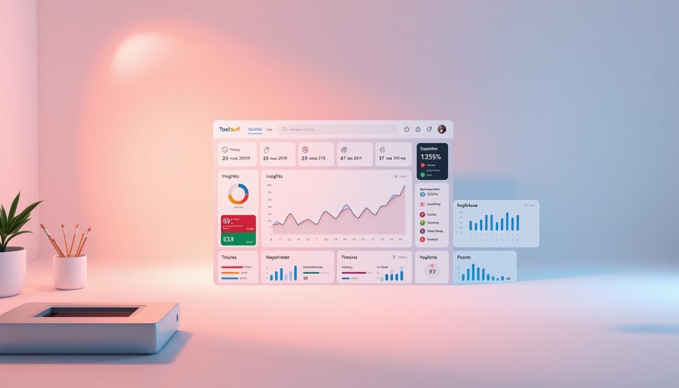 A modern, minimalist dashboard interface with a clean, sleek design showcasing the comprehensive suite of SEO tools offered by Toolsurf. The interface features a large, central data visualization panel displaying real-time analytics and insights, surrounded by neatly organized tool panels and customizable widgets. Soft, directional lighting accentuates the crisp UI elements and creates a professional, technology-driven ambiance. The layout is balanced and intuitive, highlighting Toolsurf's focus on user experience and data-driven decision making for effective search engine optimization.