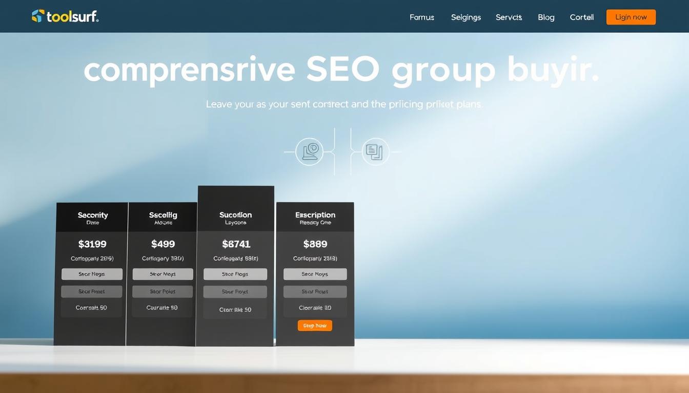 A modern, minimalist design showcasing Toolsurf's comprehensive SEO group buy pricing plans. In the foreground, a sleek, monochrome grid layout displaying tiered subscription options with clear pricing details. The middle ground features stylized icons and infographic elements highlighting key plan features. The background has a soft, blurred gradient in calming shades of blue, conveying a sense of professionalism and trust. Subtle lighting creates depth and emphasizes the clean, elegant aesthetics. The overall composition communicates Toolsurf's cost-effective, value-driven approach to SEO group buying.