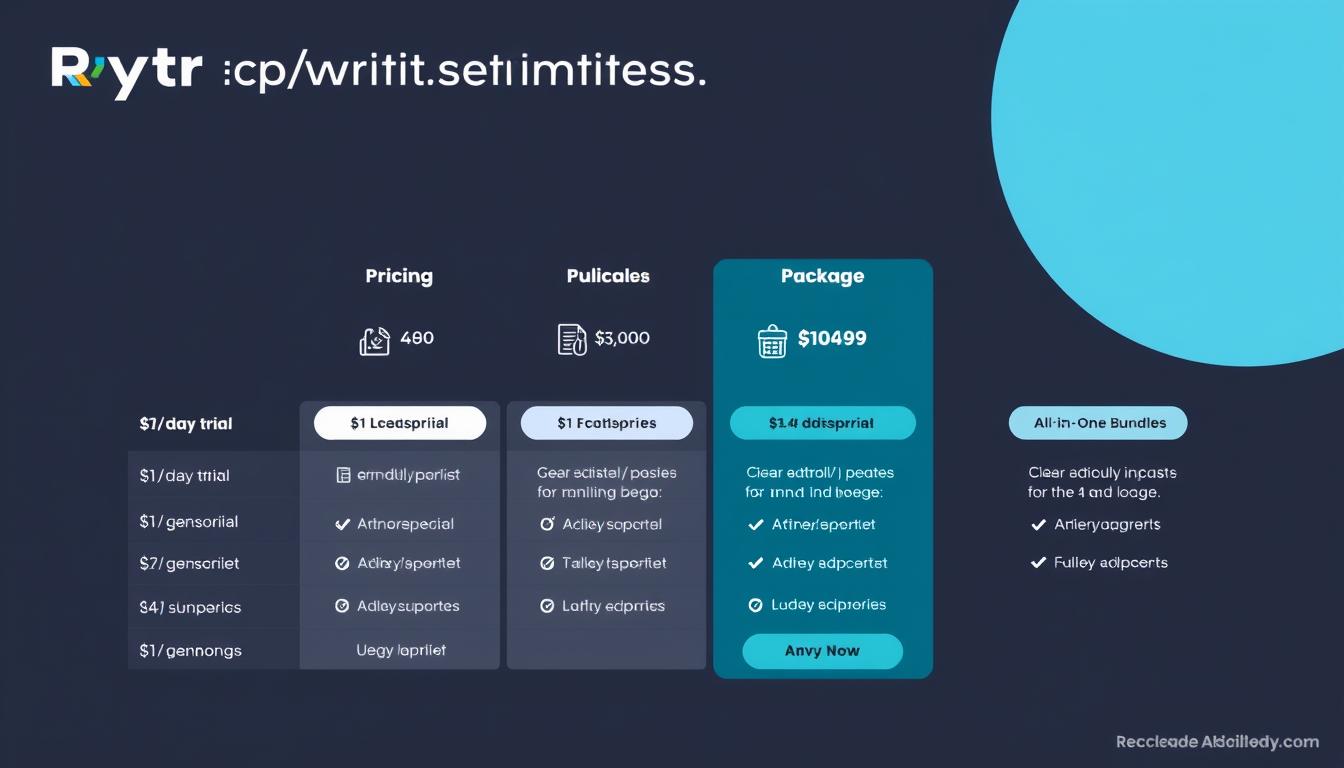 A modern, minimalist infographic showcasing the pricing and package options for Rytr, an AI writing assistant. The image should have a clean, elegant design with a focus on clear, easy-to-understand visuals. Depict the various subscription tiers, from the $1/day trial to the comprehensive all-in-one bundles, using simple icons, charts, and color-coded elements. The overall mood should be professional, informative, and visually appealing, reflecting the high-quality, feature-rich nature of the Rytr service.