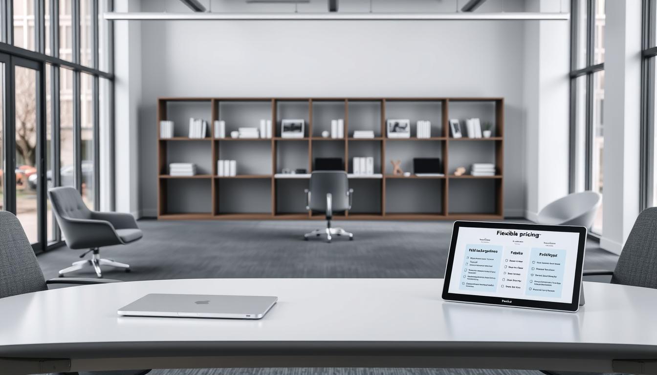 A modern, minimalist office interior with large windows and natural lighting. In the foreground, a sleek, curved desk showcases a minimalist laptop and a tablet displaying flexible pricing options. The middle ground features elegant office chairs in shades of gray and white, arranged around the desk. In the background, simple yet stylish shelving units display various SEO-related materials, hinting at the article's subject matter. The overall atmosphere conveys a sense of professionalism, transparency, and adaptability, reflecting the "Flexible Subscription Plans and Transparent Pricing" section title.