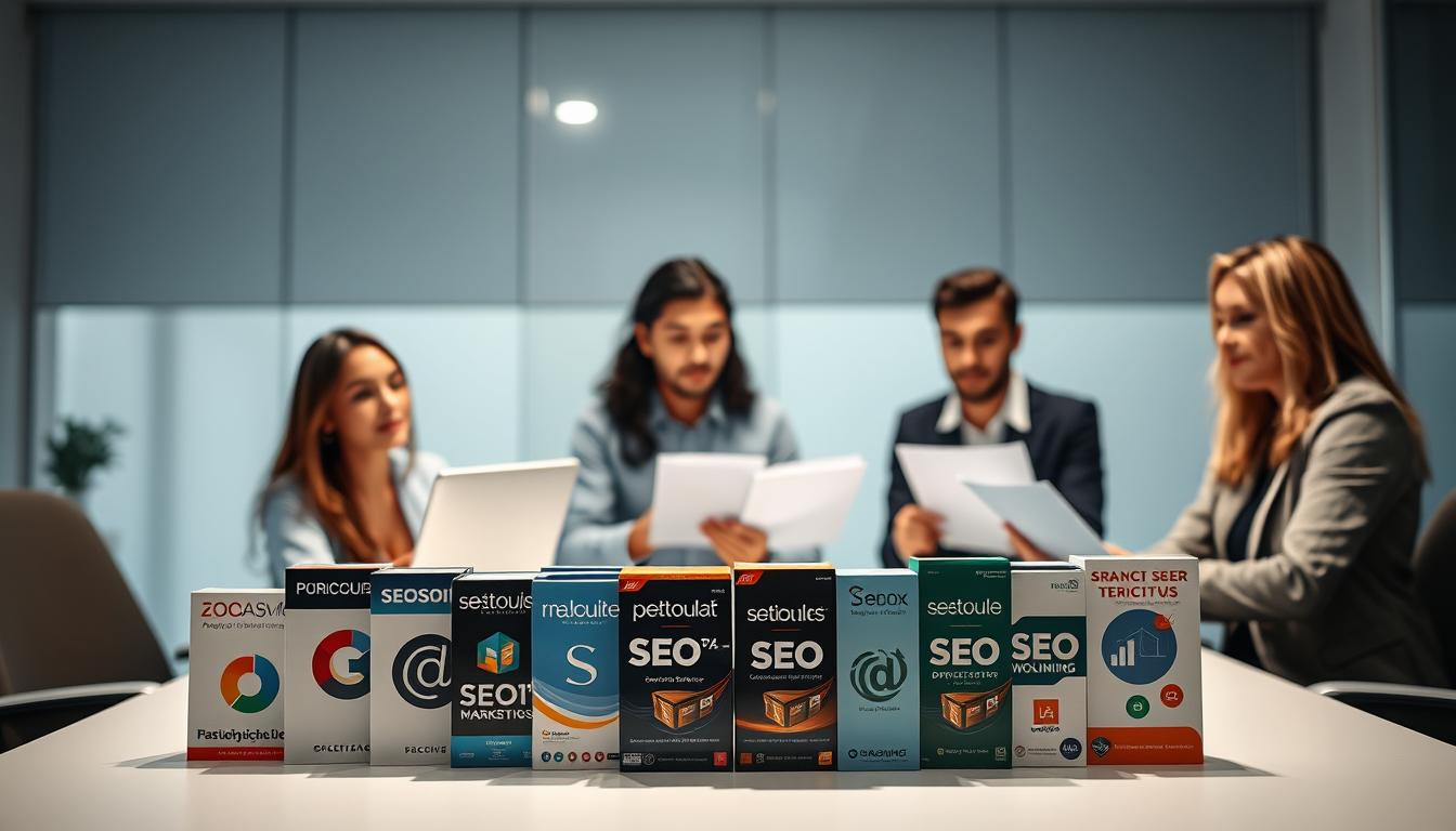 A modern, minimalist office setting with a group of professionals gathered around a table, laptops and documents in hand, discussing the benefits of group-buying SEO tools. Soft, diffused lighting illuminates the scene, creating a warm and productive atmosphere. The faces of the individuals are focused, conveying the value they see in this collaborative approach to digital marketing tools. In the foreground, a neatly organized array of popular SEO software packages, their logos and packaging subtly visible. The background features a sleek, clean-lined interior design, hinting at the efficiency and professionalism of the group's endeavor. group buy seo tools benefits