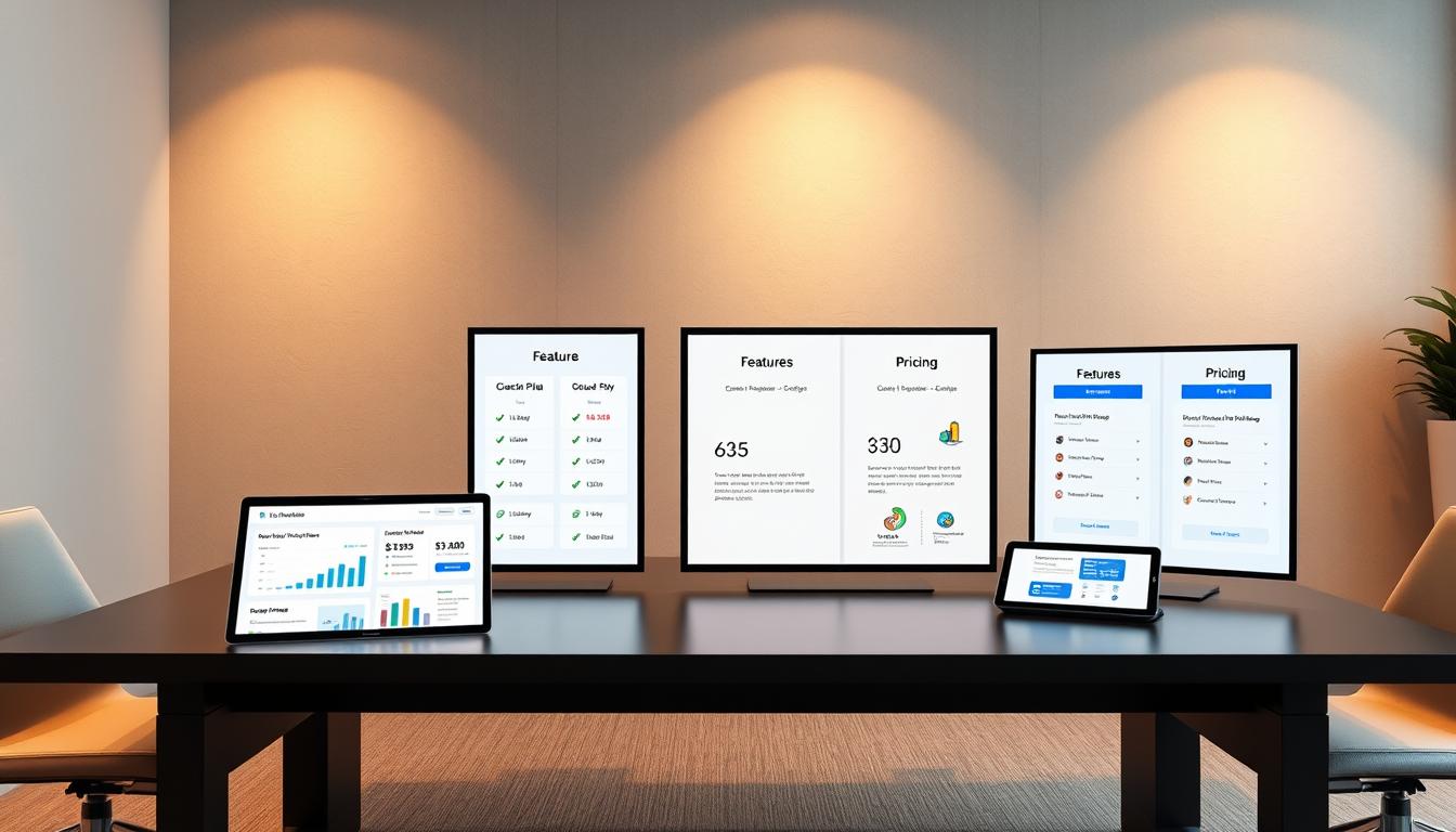A modern, minimalist office setting with a large table showcasing various plans and pricing options presented on sleek digital displays. The lighting is warm and inviting, casting a soft glow on the arrangement. In the foreground, a laptop and a tablet display interactive charts and graphs detailing the features and costs of the different subscription tiers. The middle ground features stylized icons and infographics highlighting the key benefits. The background has a plain, but elegant wall with subtle textures, conveying a professional and trustworthy atmosphere.