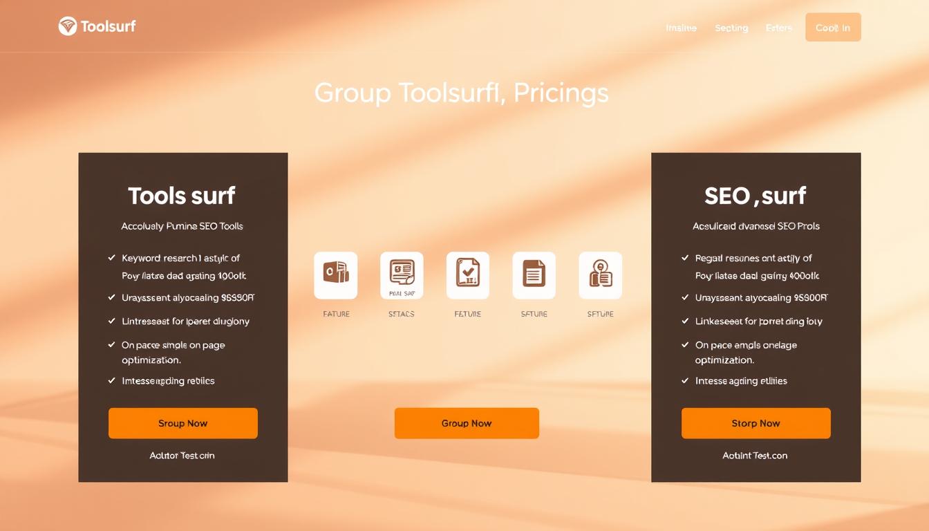 A modern, minimalist web page showcasing Toolsurf's pricing plans and SEO tools. In the foreground, three columns display tiered subscription options with clear pricing, features, and call-to-action buttons. The middle ground features sleek, monochrome icons representing Toolsurf's key SEO capabilities like keyword research, on-page optimization, and link building. The background is a soft, gradient-filled environment, evoking a sense of professionalism and digital sophistication. Warm, directional lighting casts subtle shadows, heightening the clean, premium aesthetic. The overall composition is balanced, visually engaging, and optimized to highlight Toolsurf's affordable, advanced SEO toolkit. "group buy SEO tools pricing plans"