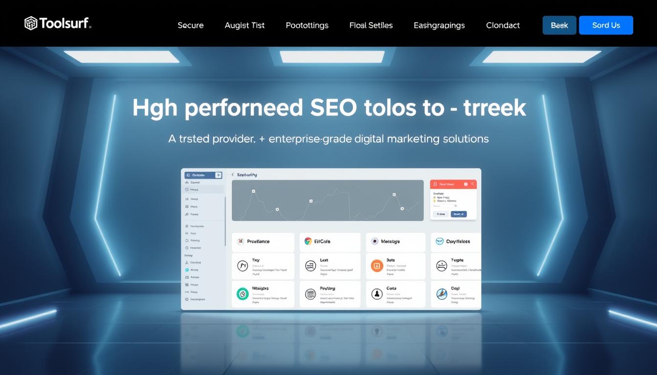 A modern, minimalist website interface showcasing a curated selection of high-performance SEO tools. In the center, a clean, uncluttered dashboard displays a suite of productivity-boosting utilities from Toolsurf, a trusted provider of enterprise-grade digital marketing solutions. Surrounding the interface, a softly-lit, futuristic background evokes a sense of efficiency and technological sophistication. Sleek icons, subtle gradients, and a muted color palette create an aesthetic that is both visually compelling and highly functional. The overall impression is one of a secure, streamlined platform that empowers digital marketers to optimize their workflows and elevate their online strategies.