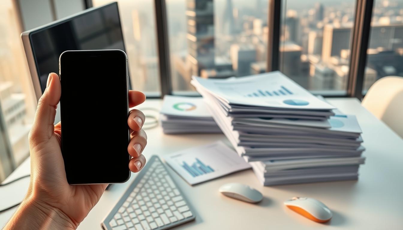 A modern office workspace with a desktop computer, keyboard, and mouse. In the foreground, a hand is holding a smartphone, highlighting the contrast between free, limited keyword tools and the need to upgrade to more comprehensive, premium options. The middle ground features a stack of printed reports and analytics dashboards, suggesting the growing complexity of keyword research. The background shows a large window overlooking a cityscape, hinting at the expanding scale and ambition of the business. The lighting is a warm, natural glow, conveying a sense of productivity and progress. The overall atmosphere is one of contemplation and decision-making, as the user considers the signs that it's time to take their keyword research to the next level.