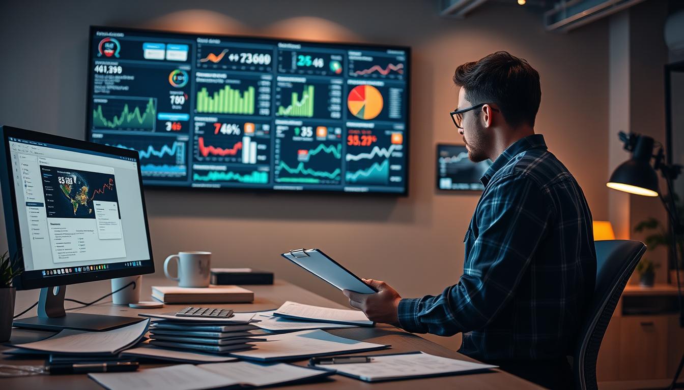 A modern office workspace with a desktop computer, scattered documents, and a clipboard in the foreground. In the middle ground, an engineer or auditor closely examines a website on the screen, evaluating its technical performance and user experience. The background features a large wall-mounted display showing various analytics and metrics related to the website's performance. Soft, warm lighting illuminates the scene, creating a focused and professional atmosphere. The overall composition conveys the concept of a comprehensive site audit, providing detailed insights and data-driven recommendations.