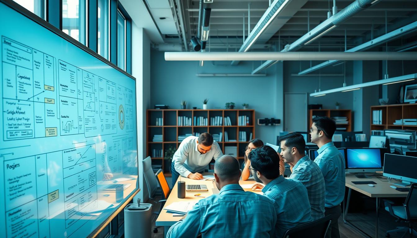 A modern office workspace with a group of professionals collaborating on a complex software engineering project. In the foreground, a large interactive whiteboard displays detailed diagrams and flowcharts, illuminated by natural light streaming through large windows. In the middle ground, a team of engineers huddle around a central table, intently discussing project plans and brainstorming ideas. The background features bookshelves, workstations, and other technology equipment, creating an atmosphere of focused productivity. The lighting is soft and balanced, creating a calm, professional ambiance. The camera angle is slightly elevated, providing a comprehensive view of the collaborative workspace.